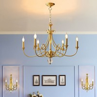 American Retro All-Copper LED Chandelier Sala de estar Country Restaurant Dormitorio negro E14 Techo Medio Vela simple