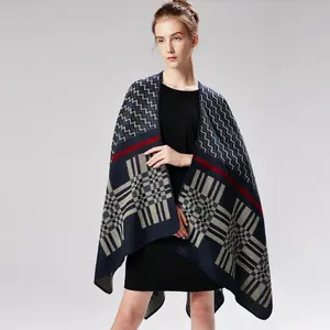 Ladies Cross Wave Pattern Geometric Shape Classic Faux Cashmere Shawl Enlarged Thicker Cape