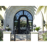 Puerta de hierro forjado de diseño arqueado de lujo con diseños de puerta única exterior de vidrio templado para casas