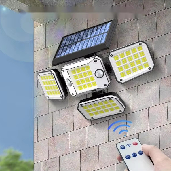 Outdoor New Dual-Sensor Solar LED Wall Light Four-Head IP65 Waterproof Motion Sensor Lamp Remote Control Dimmable High Lighting