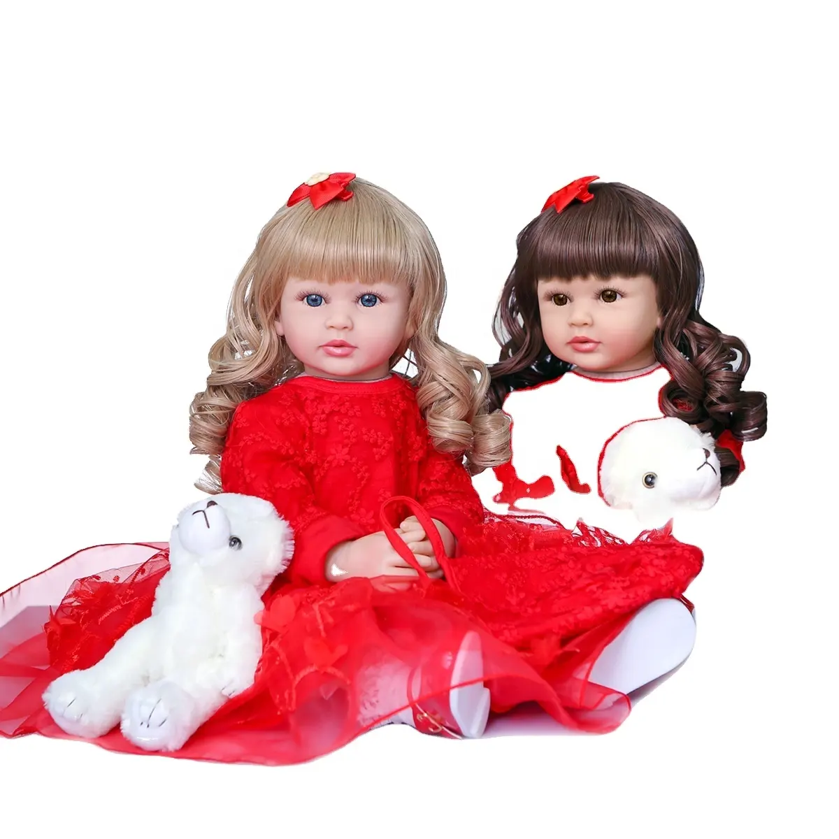 NPK ตุ๊กตาผ้าซิลิโคนเนื้อนิ่มขนาด60ซม.,ตุ๊กตาเด็กทารกเด็กวัยหัดเดินตุ๊กตาเหมือนเด็กทารกเกิดใหม่ในชุดเดรสสีแดงผมสองสี