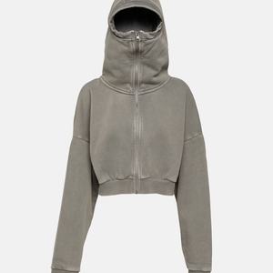 Custom Cropped Full Zip up Vintage <b>Hoodie</b> 100% Cotton Washed Black Oversized Pullover Drop Shoulder Streetwear - Product Image 6