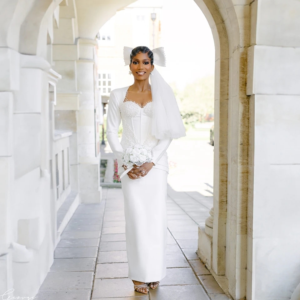long sleeve ivory wedding dress 2025 Beaded Satin Gowns O-Neck Vestidos Elegant Bridal Receiption Dinner Party Customized size:5M