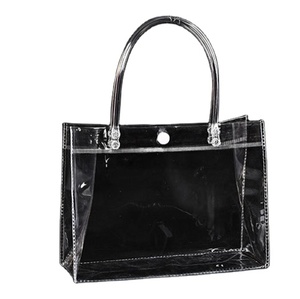 Wholesale Custom Clear Pvc Plastic Shopping Tote Hand Bag with logo transparent handle bags packing for gifts with button