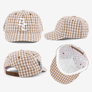 Casquette décontractée légère de style japonais à carreaux 100% coton non structurée à profil bas et visière courte en bec de canard - Product Image 3