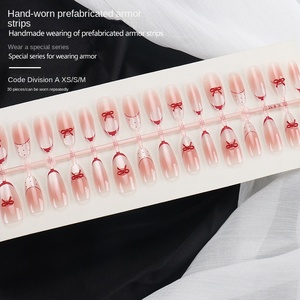 Faux ongles à presser, rose nude, œil de chat, dégradé rouge, nœud, faits à la main, couverture complète, faux ongles français à presser avec des languettes adhésives, vente en gros - Product Image 3