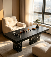 Table à thé moderne de luxe en bois massif 240 cm avec base en marbre noir, bureau de thé pour salon de villa