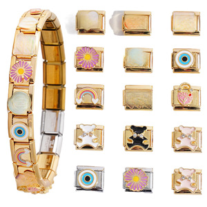 Bracelet modulaire élastique italien en acier inoxydable avec breloques incrustées de zircon, ensemble de bijoux unisexe, cadeau - Product Image 2