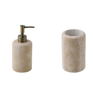 Ensemble d'accessoires <span class=keywords><strong>de</strong></span> salle <span class=keywords><strong>de</strong></span> bain <span class=keywords><strong>en</strong></span> marbre travertin NANWEI - 5 pièces - <span class=keywords><strong>Distributeur</strong></span> <span class=keywords><strong>de</strong></span> <span class=keywords><strong>savon</strong></span> <span class=keywords><strong>en</strong></span> <span class=keywords><strong>pierre</strong></span> beige + Porte-brosse à dents avec accents <span class=keywords><strong>en</strong></span> laiton - Product Image 5