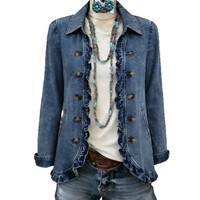 Veste Courte Exclusive en Denim Délavé à Volants, Col Cranté, Double Boutonnage, Style Y2K, Look Spicy Girl, Printemps