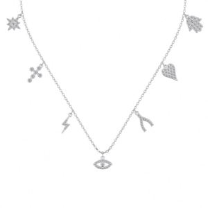 Colliers pendentifs Dylam au design exclusif et unique en argent 925, avec symboles multiples : Main du Mal, Yeux, Cœur d'Amour, Croix Lumineuse, Octagramme - Product Image 1