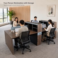 Bureau de travail avec finition grain de bois foncé, écrans d'intimité bleu clair, huche surélevée et tiroir verrouillable pour équipe de bureau