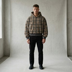 Sweat à capuche zippé unisexe de luxe en molleton de coton épais, coupe oversize et carrée, épaules tombantes, motif écossais, style streetwear vierge - Product Image 3
