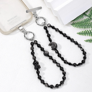 Cordon de téléphone en obsidienne <span class=keywords><strong>argent</strong></span>ée naturelle anti-perte, bracelet perlé en cristal Chat Porte-Bonheur et Lune pour femme - Product Image 4