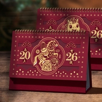 Calendrier de bureau personnalisé en papier pour l'année du Cheval 2026 - Rouge - Publicité pour entreprise - Avec horloge - Cadre photo souvenir