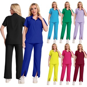 Women Hospital Uniform Set Blue Short Sleeve Zip <b>Top</b> And Pant Moisture Wicking Workwear For Medical Use - Product Image 5