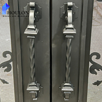 Porte d'entrée double en fer forgé de luxe avec dessus cintré, décorations en volutes et verre trempé pour villa