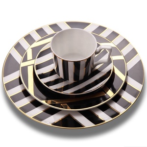 Western Hotel Household Luxurious Black Stripe Tableware Set Ceramic Golden Bone China <b>Dinnerware</b> Plates Set - Product Image 1