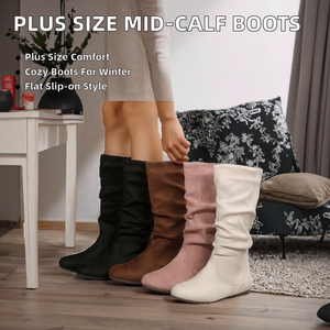 Plus Size Mid-Calf <b>Boots</b> Women Autumn Winter New Slip-On Pleated Slouch Flat Pu Upper Rubber Outsole Solid Round Toe - Product Image 2