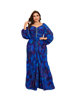Robe de soirée maxi évasée modeste à imprimé plissé avec décoration de cristaux et de perles, col cœur, manches lanternes, taille plus, coupe aléatoire