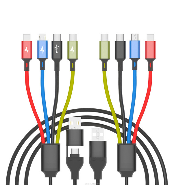 120cm Nylon USB a Type-C Micro Iconnectors Multifunction USB Charger Cables 4 in 2 USB Charging Cable for Mobile Phone