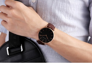 Reloj de Pulsera de Cuarzo Delgado Unisex al por Mayor para Hombre, Color Oro Rosa, Correa de Cuero Marrón Genuino, Sin Segundero, Resistente al Agua 30M - Product Image 6