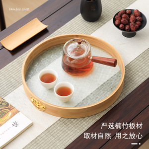 Bamboo Tea <b>Tray</b> With Tempered Glass Base <b>Round</b> <b>Serving</b> <b>Tray</b> For Tea Coffee Food Home Hotel Use - Product Image 4