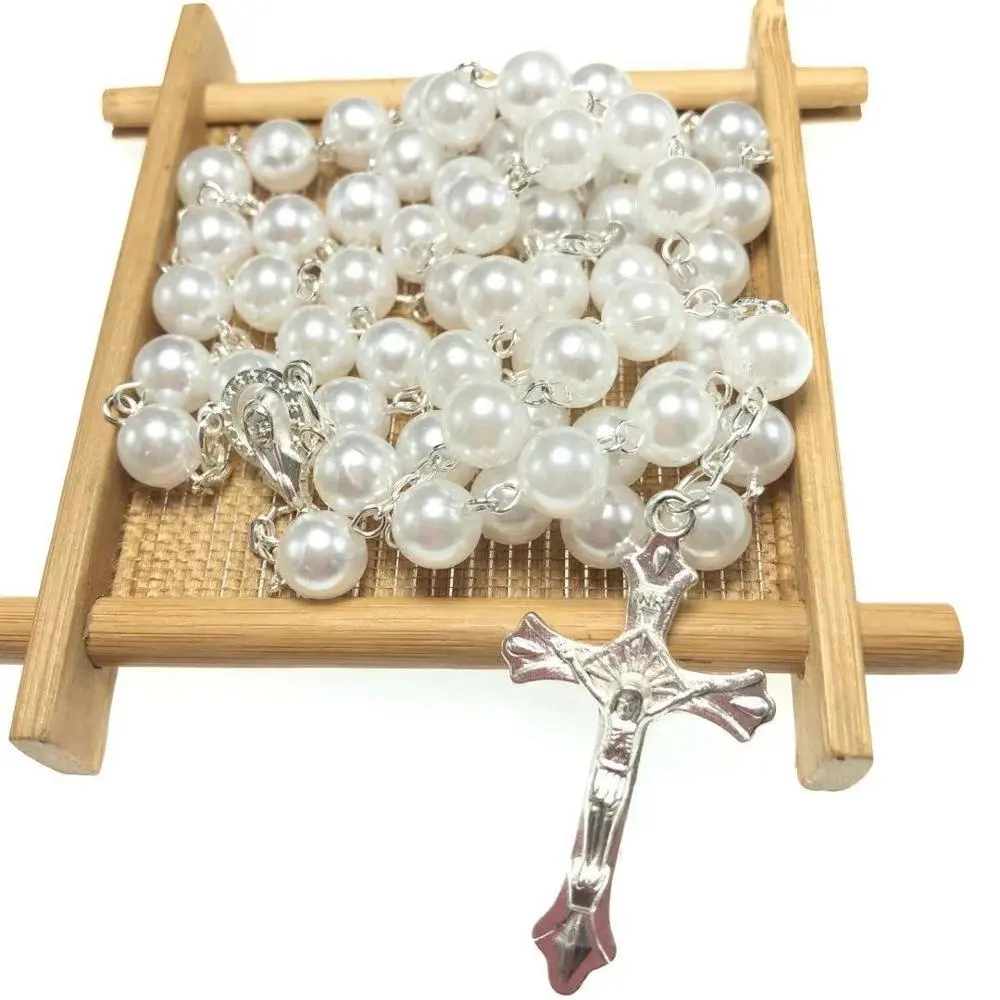 8mm bead white plastic pearl rosary catholic rosary necklace