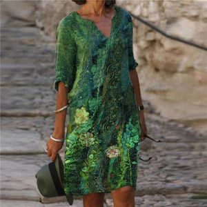Vestido midi con estampado floral y cuello en V, transpirable, informal, para uso diario - Product Image 3
