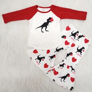 NO MOQ Girls Infant outfit Toddler Casual Clothing Girls Valentine's Day wear set Matching Siblings Cute Dino Print Clothes
