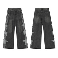 Jeans larges noirs personnalisables OEM ODM pour hommes, effet usé, patchwork étoile, pantalon baggy en denim, streetwear, hip hop, Y2K rétro