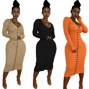 Autunno inverno Maxi abito a scollo a V in <span class=keywords><strong>maglia</strong></span> semplice stile francese Vintage <span class=keywords><strong>bottoni</strong></span> a fila sottile abito in lana lavorato a <span class=keywords><strong>maglia</strong></span> modello solido - Product Image 4