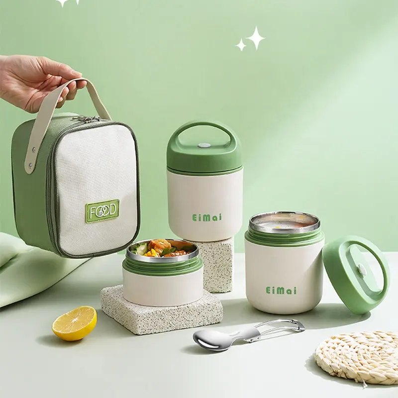 Cangkir sarapan hijau mini kustom baja tahan karat kontainer makanan terisolasi termal kotak makan siang anak-anak kawaii dengan set tas untuk