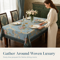 Nappe Jacquard de Luxe Rectangulaire pour Table à Manger, Housse de Table à Pompons Bleu Poussière, Damassé, pour Maison, Banquet, Hôtel, Vente en Gros, OEM, ODM