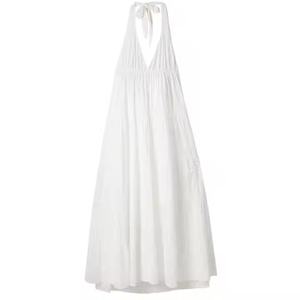 Nuevo Vestido Maxi de Lino para Mujer, Estilo Festivo, de Alta Calidad, con Ojales Delicados, Escote Pronunciado, Largo, Tipo Halter, Corte A, Modesto - Product Image 2