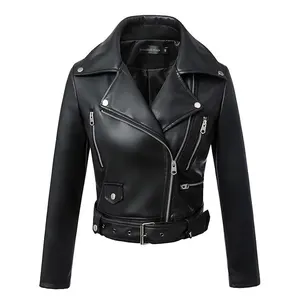 Chaqueta de motociclista con cuello vuelto para mujer, chaqueta de piel sintética negra, a la moda, para otoño e invierno, 2020
