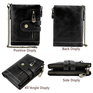 BOSHIHO Real Leather Purse Custom Logo <b>RFID</b> <b>Blocking</b> Bifold Double Zipper Coin Pocket with Anti-Theft Chain Mens <b>Wallet</b> - Product Image 3
