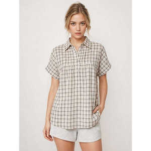 Women Plaid Shirt Short Sleeve Button Front Casual Regular Fit 100% Cotton Eco-Friendly Breathable ODM Spring Summer Shirt - Product Image 1