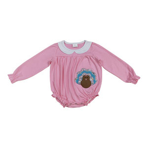 Haute qualité Thanksgiving OOTD barboteuse pour bébé filles broderie si mignon dinde rose manches longues Boutique en gros Offre Spéciale RTS - Product Image 5