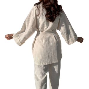 Vêtements personnalisés, chemisier pour femmes, crêpe de coton ivoire, manches longues, chemises et pantalons oversize, vêtements de mode pour ensembles de pyjamas - Product Image 2
