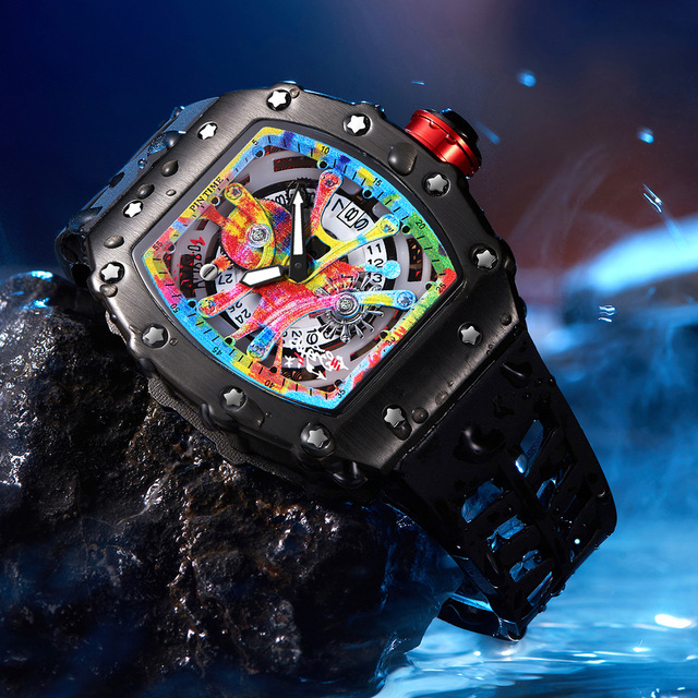 PINTIME 8133 New Tonneau Type Quartz Watch Silicone Band Tourbillon Hollow Trend Men's Watch