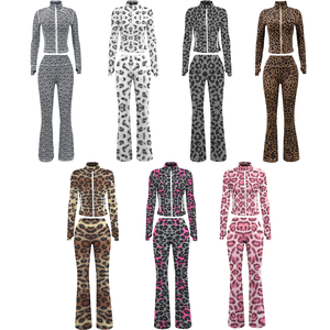 Completi Fitness <span class=keywords><strong>Donna</strong></span> Due Pezzi Stampa Floreale Leopardata, Tuta Yoga Aderente, Top e <span class=keywords><strong>Pantaloni</strong></span> Svasati a Zampa, Set Casual 2 Pezzi <span class=keywords><strong>Donna</strong></span> - Product Image 3