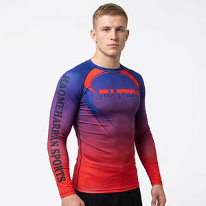 Rashguard BJJ à manches longues pour homme, en Spandex/Nylon, antibactérien, séchage rapide, respirant, anti-UV, dégradé bleu, violet, rouge, sublimé - Product Image 1