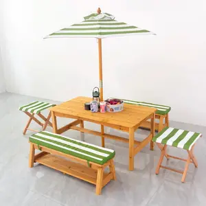 Hot Selling Outdoor Furniture Set Patio Wooden Tables And Bench With Umbrella For Picnic