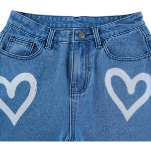 Jeans taille haute imprimé cœur jambes larges style vintage pour femmes coupe ample pantalon streetwear en denim pour adolescentes - Product Image 2