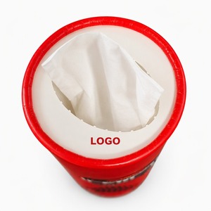 Caja de pañuelos faciales cilíndrica roja de 2 capas de pulpa de madera virgen con logotipo personalizado y diseño de rayas negras para uso en oficinas y hoteles - Product Image 4