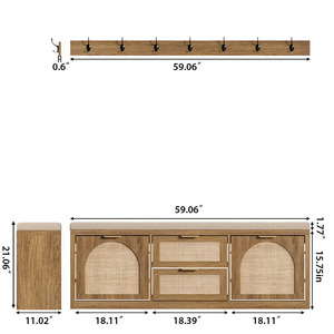 <span class=keywords><strong>Mueble</strong></span> de Madera y Ratán para Zapatos con Banco y <span class=keywords><strong>Perchero</strong></span> Integrado, <span class=keywords><strong>Mueble</strong></span> de Pasillo con Almacenamiento, Asiento y Estantes para Zapatos - Product Image 3