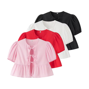 4649 Bluse Vintage da Donna <span class=keywords><strong>con</strong></span> Scollo a O, Maniche Corte, Top <span class=keywords><strong>con</strong></span> Fiocco e Volant, Motivo Tinta Unita, Tessuto per Primavera Estate - Product Image 4