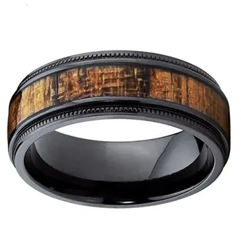 Amazon Black Titanium Wedding Band with Real Koa Wood Inlay, Milgrain Ring comfort fit 8MM