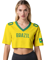 Jersey Sepak Bola Wanita Model Crop Top V-Neck 2026, Kaos Streetwear Bahan Mesh, Cetak Bendera Brasil Spanyol Argentina, Atasan Sepak Bola Crop Top